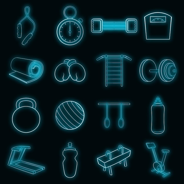 Gym icons in neon style. Yoga set isolated vector illustration