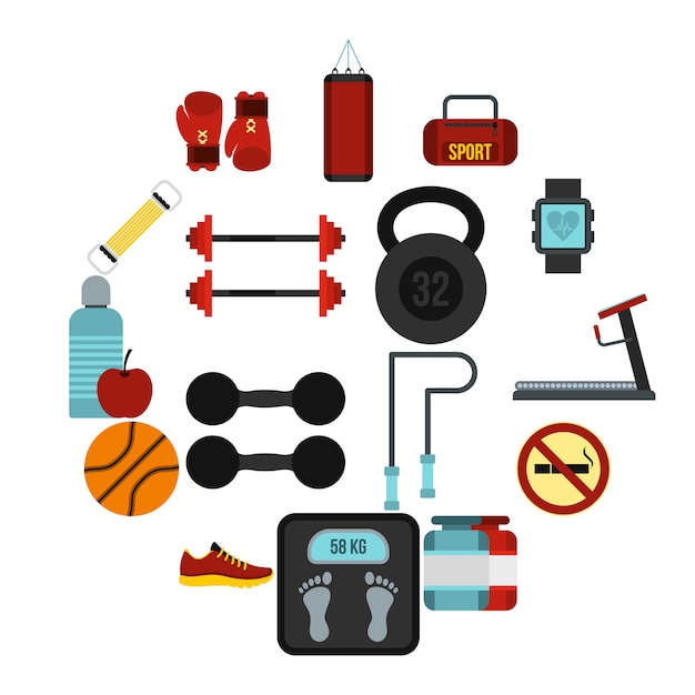 Gym icons set, flat style