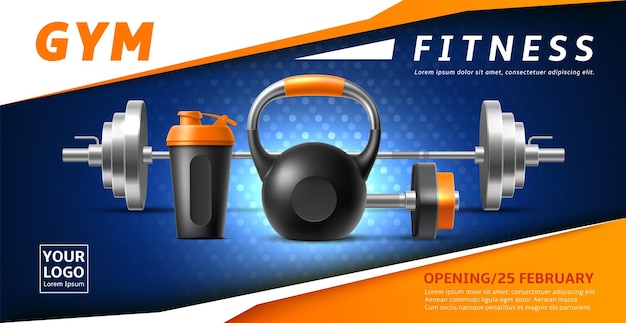 Vector gym realistic poster sport accessories kettlebell and barbell shaker and dumbbell bodybuilding devices advertising fitness advertise banner pumping muscles objects vector concept