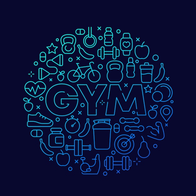 Gym vector round design with line fitness icons