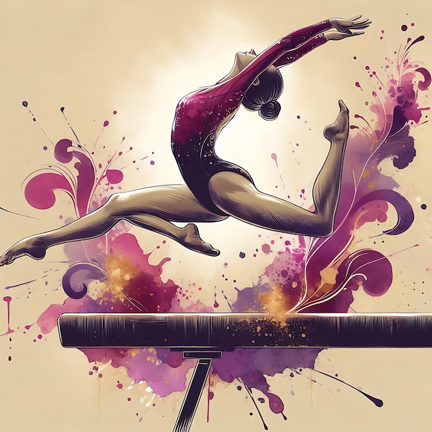 Vector gymnast performing on balance beam with graceful movements and artistic flair