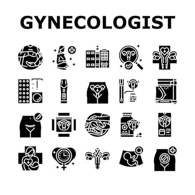 gynecologist doctor woman patient icons set vector dentistry doctor dentist implant care tooth health oral treatment medical gynecologist doctor woman patient glyph pictogram Illustrations