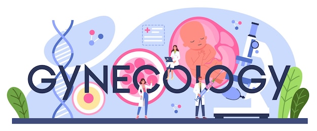 Gynecology typographic word. Women health doctor, IVF specialist. Ovary and womb check up. Pregnancy monitoring and disease treatment. Isolated illustration in cartoon style