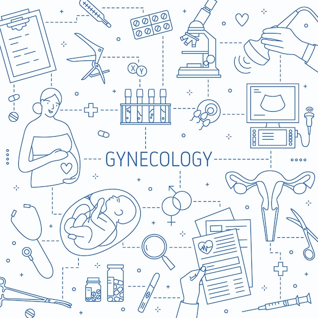 Gynecology vector lineart banner template. Prenatal foetus diagnostics. Pregnant woman health monitoring, vitamins prescription. Ultrasound equipment, obstetricians tools poster design.