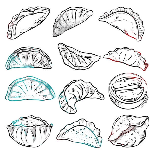 Gyoza flat vector linear tem set illustration high quality