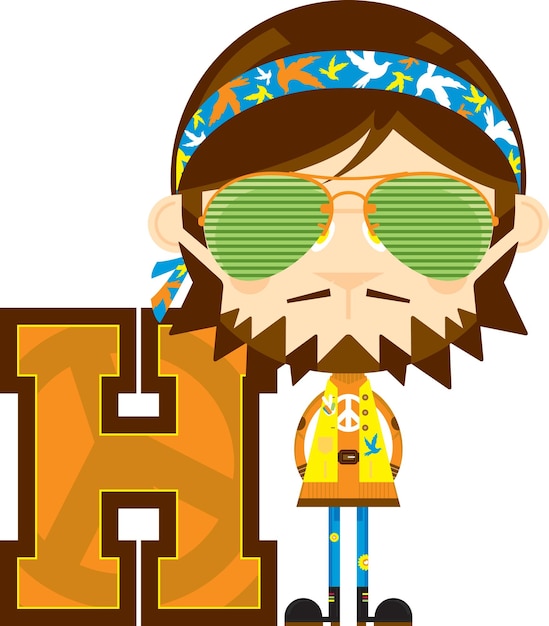 H is for Hippie in Sunglasses Alphabet Learning Educational Illustration