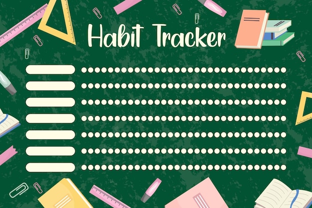 Habit tracker Paper sheet Doodle hand drawn vector illustration of student study items background