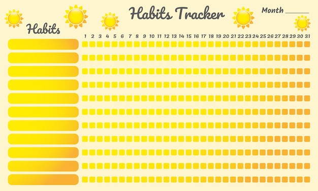 Habit Tracker with sun. Monthly planner habit tracker blank template