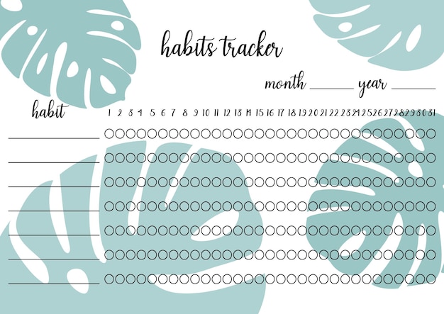 Habits tracker blank printable template Notebook page horizontal A4 Vector illustration of paper sheet for marking habits success in month Tropical monstera leaves background