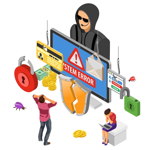 Hacker activity isometric concept. Hacking and phishing. Hacker steals password, credit card and email. Internet Security vector with flat isometric icons people, hacked lock, bug and computer