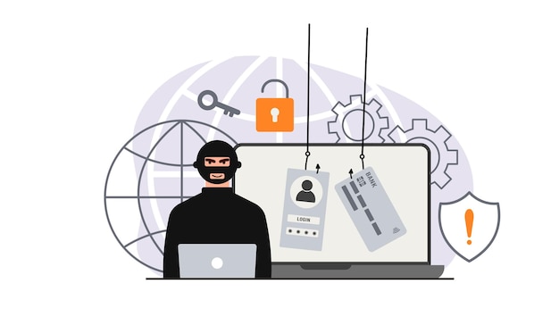 Hacker attack Fraud with user data on social networks Credit or debit card theft Internet phishing hacked username and password Cybercrime and crime A thief on a website online on the internet