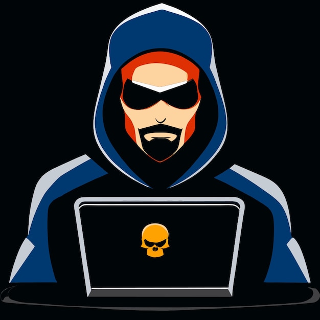 hacker in a black hoodie in a computer vector illustration cartoon