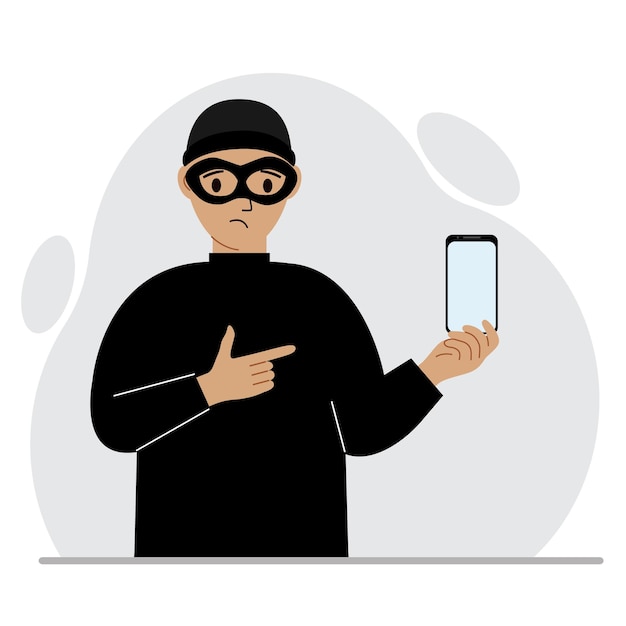 Hacker in a black mask with a mobile phone The cybercriminal is holding a smartphone Cyber attack mobile phishing scam Vector flat illustration