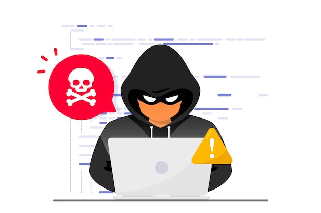 Hacker Cyber criminal with laptop stealing user personal data Hacker attack and web security Internet phishing concept Hacker in black hood with laptop trying to cyber attack Programming Code