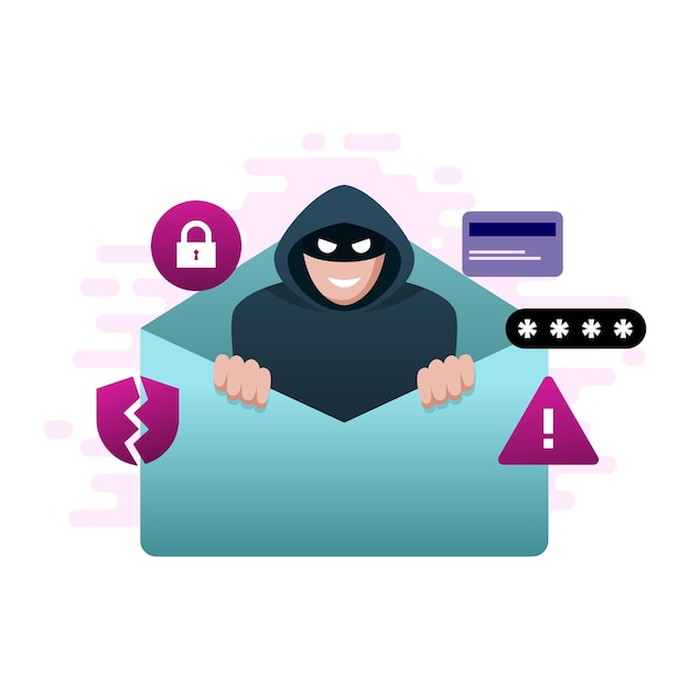 Hacker in envelope spam mail phishing vector illustration