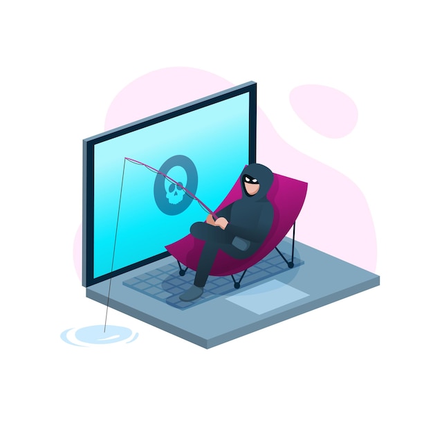 Hacker fishing and sit on sling chair cyber crime and phishing scam concept vector illustration