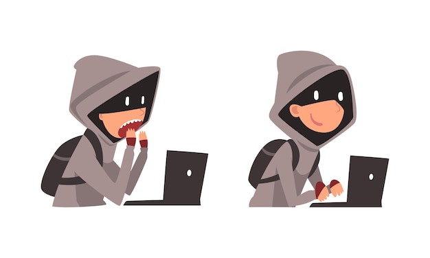 Vector hacker in hoody and mask stealing money using laptop vector set