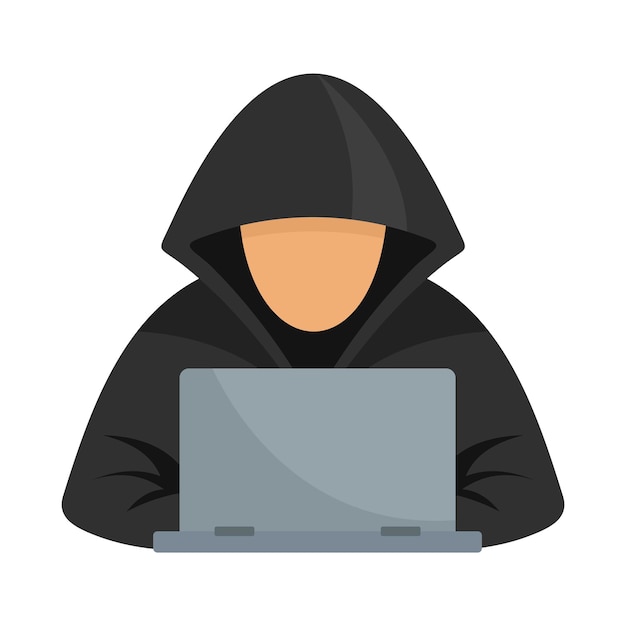 Hacker at laptop icon Flat illustration of hacker at laptop vector icon for web design