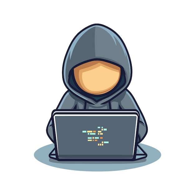 Vector hacker operating a laptop cartoon icon illustration isolated flat cartoon style technology icon