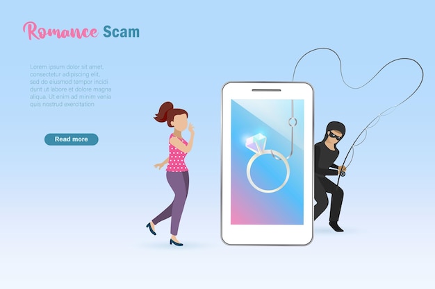 Hacker scammer phishing woman by sending diamond ring on smart phone Romance dating scam