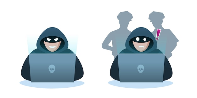 Hacker use laptop with police behind him vector illustration