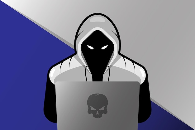 Hacker with laptop computer stealing confidential data personal information credit card Internet