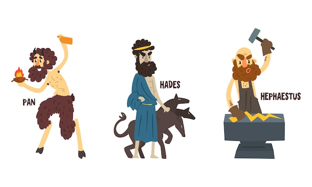 Vector hades hephaestus pan greek gods set ancient greece mythology vector illustration