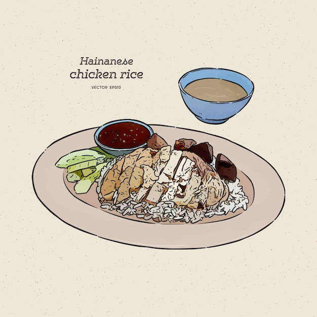 Hainanese chicken rice with sauce and soup