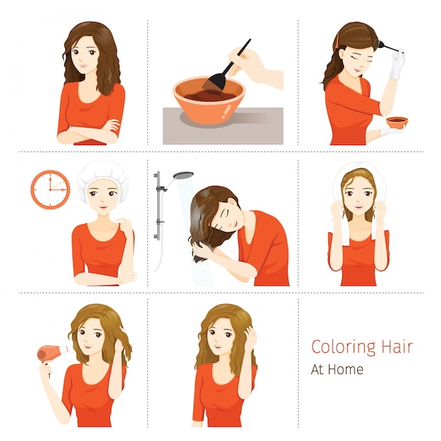 Vector hair coloring process. steps of young woman coloring her own hair from brunette to blonde at home