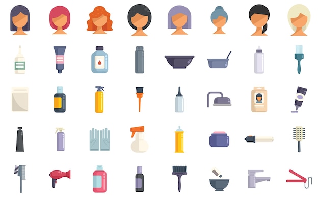 Hair colouring icons set flat vector Dye shower