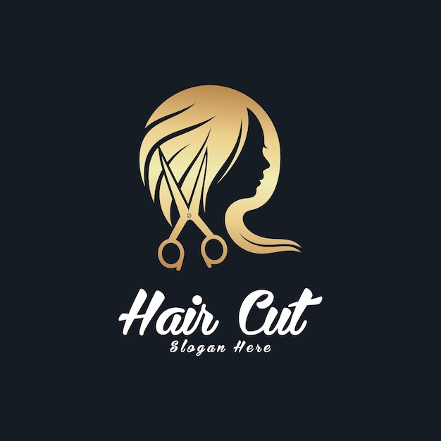 Vector hair cut logo design for women beauty salon with hair scissor