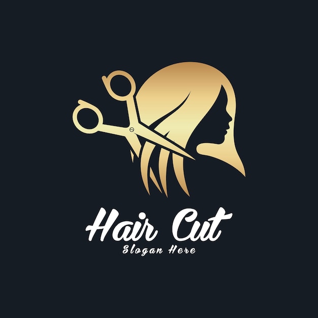 Vector hair cut logo design for women beauty salon with hair scissor