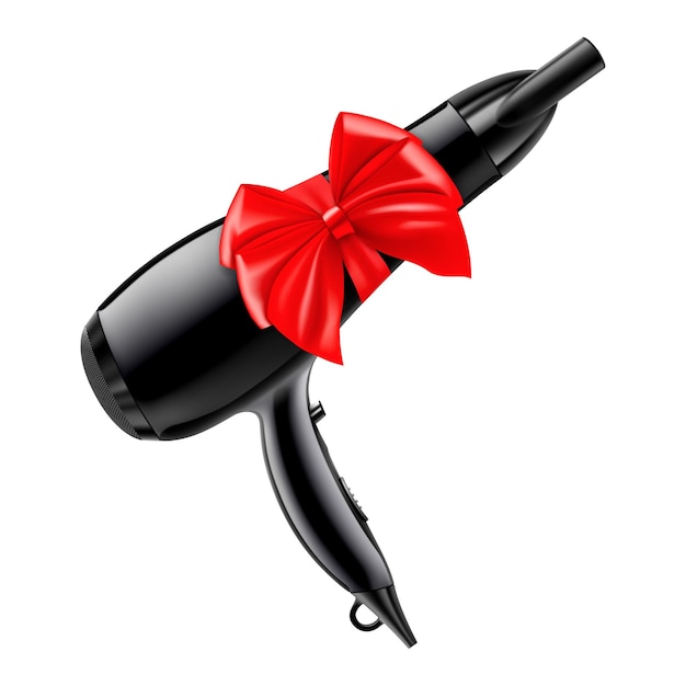 Hair dryer with red ribbon and bow 3D rendering Gift concept Realistic vector illustration isolated on white background