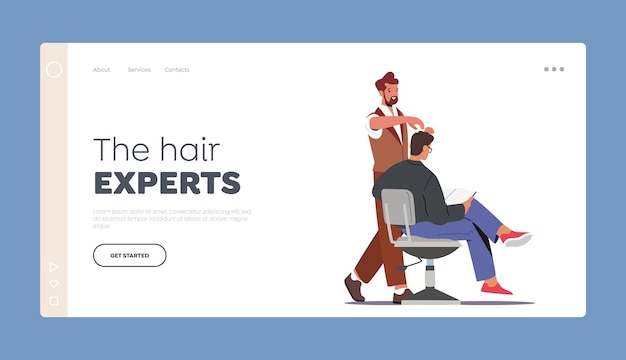 Hair Experts Landing Page Template Visitor in Barber Shop Hairdresser Barber Doing Hairstyle to Young Male Client