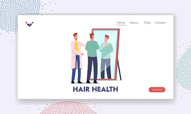 Hair Receding, Loss Problem Landing Page Template. Satisfied Patient Look in Mirror after Hair Transplantation Procedure. Doctor and Client Characters in Clinic. Cartoon People Vector Illustration