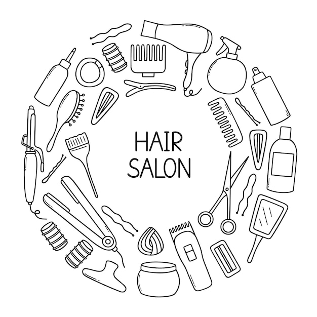 Hair salon doodle set Hairdressing tools comb hair dryer shampoo scissors in sketch style