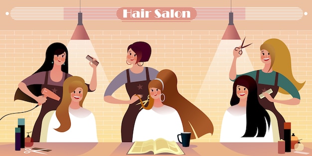 Hair Salon, Hipster city life illustration.