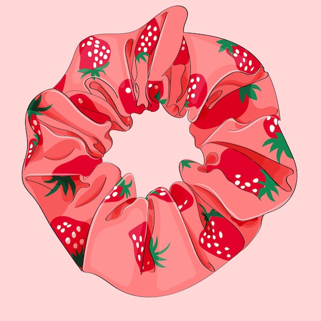 hair scrunchy in pink with strawberry pattern satin silk.