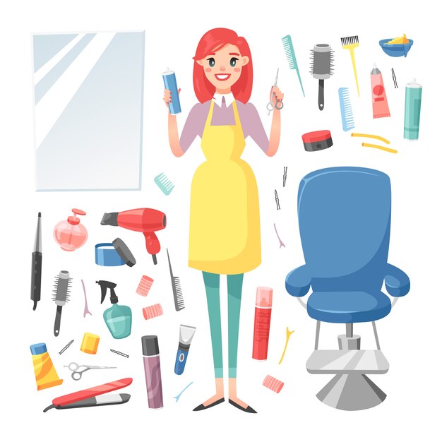 Vector hairdresser barber girl  set.