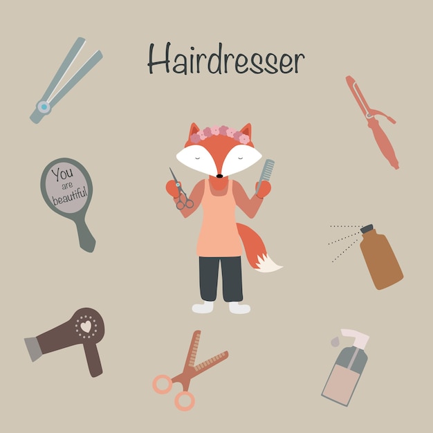 Hairdresser.Cute fox.Hair tongs,hair spray,mirror,hair dryer,scissors,comb