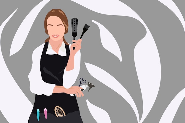 Vector hairdresser tools with copy space in center smiling woman with hairspray beauty salon