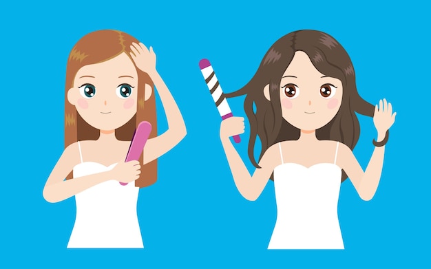 Hairstyle making  straight hair and wavy hair Premium Vector