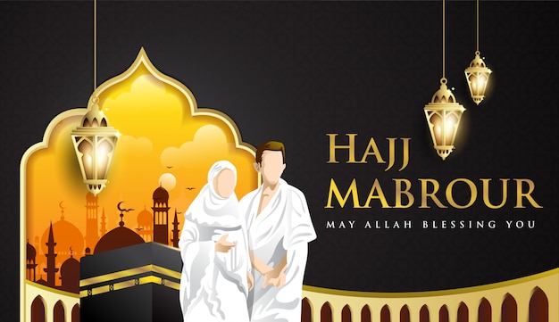 Hajj Mabrour background with Kaaba, man and woman Hajj Character