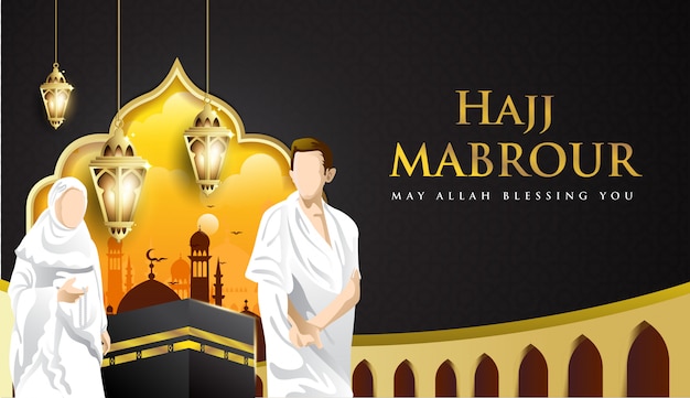 Hajj Mabrour background with Kaaba, man and woman Hajj Character