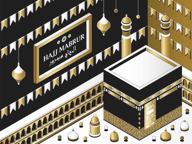 Hajj mabrur islamic background isometric greeting card with kaaba traditional lanterns mosque and ga...