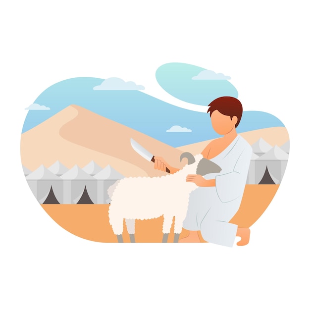 Hajj pilgrims are slaughtering sacrificial animal vector illustration