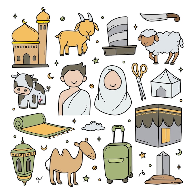 Hajj umrah doodle hand drawn cartoon muslim vector illustration