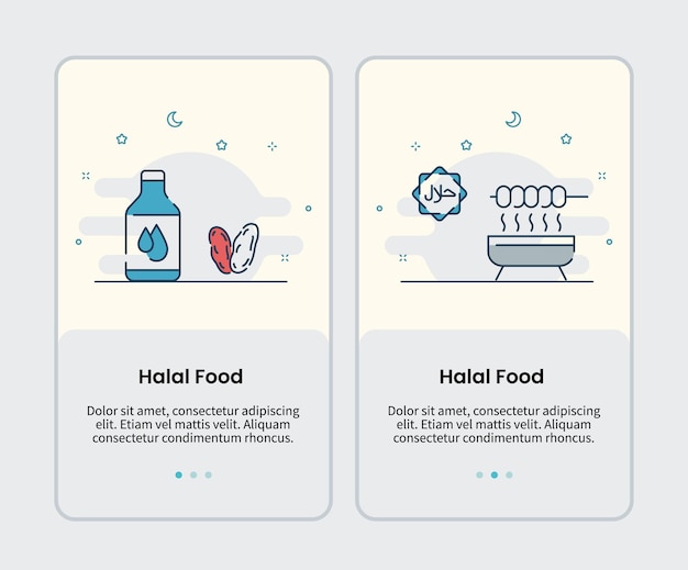 Halal food icons onboarding template for mobile ui user interface app application design vector illustration