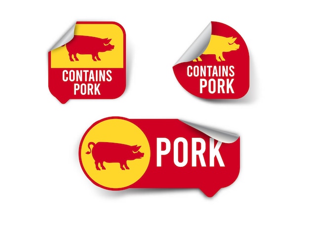 Halal food label design set. Food caution food label.   Ribbon Sticker no pig