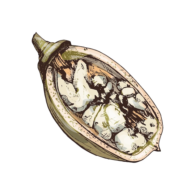 Half baobab fruit with seeds. Vintage vector hatching illustration